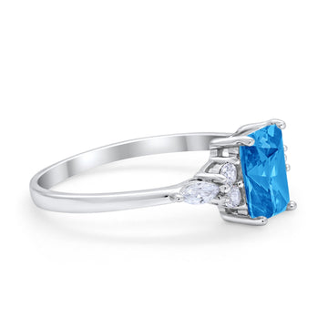 Art Deco Wedding Ring Emerald Cut Simulated Blue Topaz CZ 925 Sterling Silver